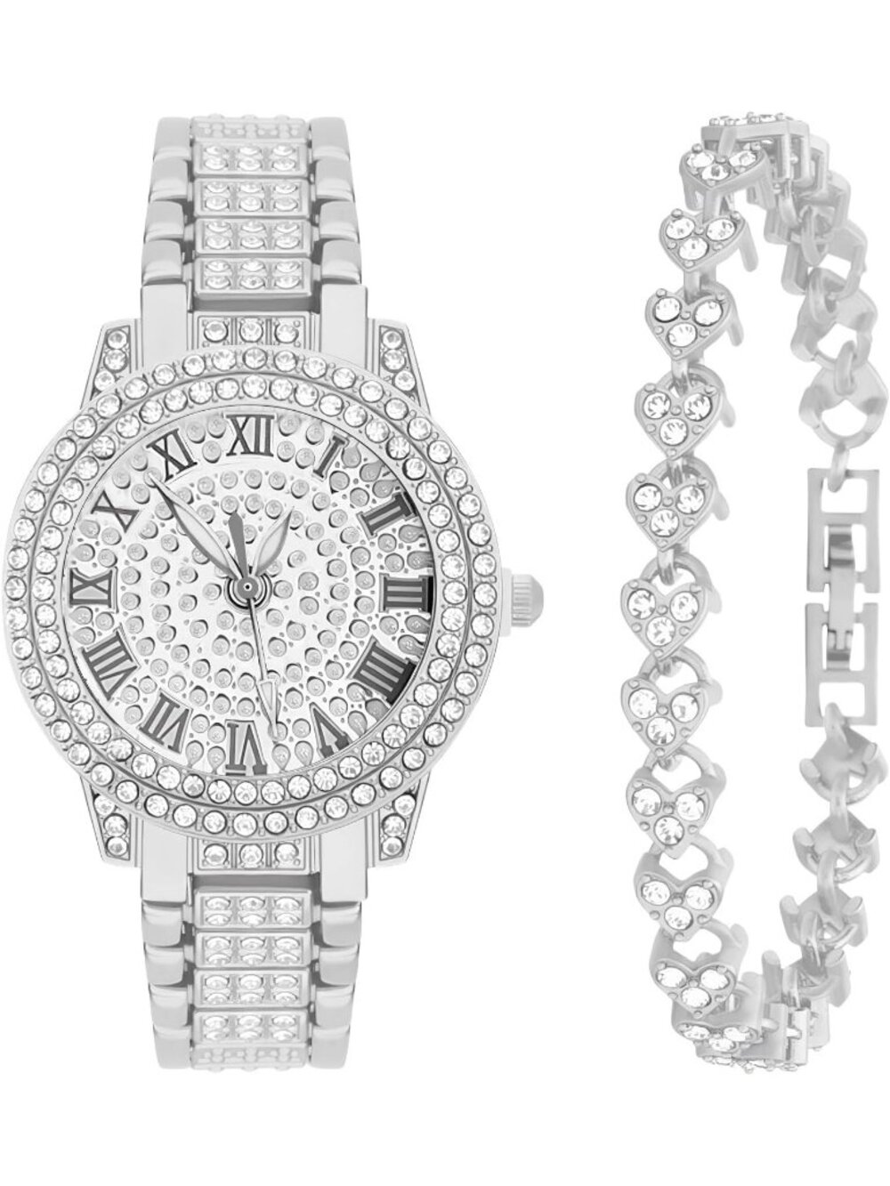 Women's Silver 2 Pieces Bracelet Set Luxury Fashion Jewelry Cubic Zirconia Watch